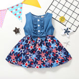 Baby Girl Denim Independence Day Stitching Star Striped Sleeveless Dress