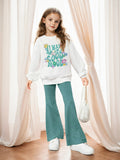 INS Girls Girls Floral and Slogan Pattern Shoulder Pullover and Flared Pants Two-piece Set