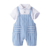 Baby Boy Summer Onesie Blue Striped Lapel Short-sleeved Suit 2 Pcs Set