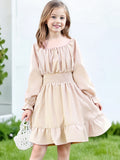 Kid Girl Square Collar Horn Long-sleeved Ruffle Big Swing Dresses