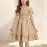 4-14T Kid Girl Sleeveless Square Neck Pleated Backless Short Dress