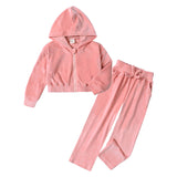 1-12T Kid Girl Autumn Winter Casual Velvet Hooded Solid Suit 2 Pcs Set