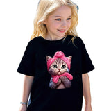3-8Y Kid Girl Cat Wearing Bow Print Summer Short-sleeved T-shirt