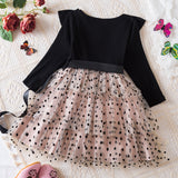 Kid Girls Long Sleeve Bow Princess Polka Dot Mesh Cake Dresses