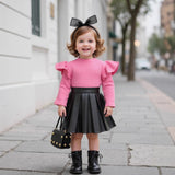 Children's Clothing Girls' Turtleneck Knitted Ribbed Long-sleeved Top Pleated Leather Skirt Two-piece Set