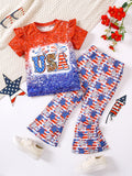 Girls' Independence Day Two-piece Set, USA Letter Pattern Gradient Top with A Five Pointed Star Pattern