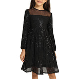 Kid Girls Sequins Party Long Sleeve Show Christmas Dance Dress