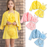 Kid Girls Suit Long-sleeved Flower Suspenders Shorts 3 Pcs Set