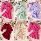 Baby Girl Sweet Lapel Long Sleeves Solid Color Suspender 2 Pcs Sets