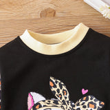 1-6Y Kid Baby Girls Suit Crew Neck Cartoon Leopard Print 2 Pcs Set