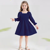 Kid Baby Girl Square Collar Lantern Sleeves Ruffled Large Hem High-waisted Dresses