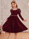 Kid Girl Princess Pearl Waist Velvet Host Performance Long Sleeves Dresses