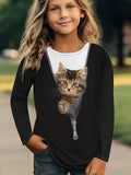 2-10T Kid Girl Fashion Versatile Cute Cat Long Sleeve Shirt Top