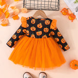 Kid Sweet Girl Halloween Pumpkin Long-sleeved Mesh Dresses