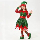 2-12T Kid Baby Girl Christmas Green Costume Party Performance 4 Pcs Set