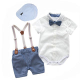 Baby Boys Gentleman Short Sleeve Overalls Bow Tie 3 Pcs Set