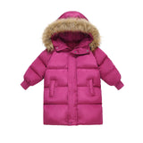 3-8Y Kid Girl Cotton Long Thickened Winter Fur Collar Hooded Coats Jacket