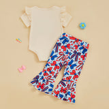 Independence Day Letter Embroidered Flying Sleeves Flared Short Sleeve Set 2 Pcs/Set