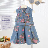 Kid Baby Girls Denim Floral Print Waist-cinched Lapel Vest Dress