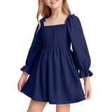 Kid Girl Square Neck Lantern Sleeve Ruffle High Waist Lace Dresses