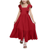 Kid Girl Summer Sweet Square Neck Flying Sleeve Backless Dresses