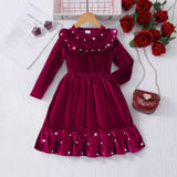 2-8Y Kid Girls Velvet Pearl Medium Long Christmas New Year Dresses