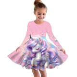 2-10T Kid Girl Crew Neck Long-sleeved Flower Casual Dresses