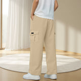 Boys Straight Elastic Waist Loose Lace-up Casual Pants Fashion Solid Color Pocket Tooling Trousers