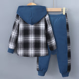 Boys and Children's New Long-sleeved Plaid Contrasting Color Hooded Two-piece Suit