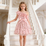 Kid Baby Girl Fashion INS Lotus Leaf Slant Shoulder Suspender Craft Yarn Dress