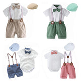 Baby Boys Gentleman Short Sleeve Overalls Bow Tie 3 Pcs Set