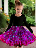 2-10T Kid Girls Sweet Long-sleeved Peacock Feather Print Fashion Dresses