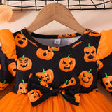 Kid Sweet Girl Halloween Pumpkin Long-sleeved Mesh Dresses