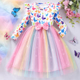2-8Y Kid Girl Long Sleeve Crew Neck Bow Mesh Christmas Halloween Party Dress