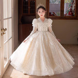 2-12T Kid Girls Luxury Flower Wedding Princess Host Piano Performance Dress