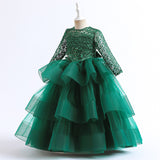 4-14T Kid Girl Long Sleeve Mesh Fluffy Princess Piano Host Birthday Dresses