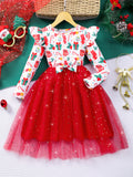 2-8Y Kid Girl Long-sleeve Crew Neck Bow Mesh Christmas Halloween Party Dresses