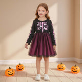 3-8Y Kid Girls Princess Halloween Skull Print Stitching Mesh Dresses