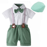 Baby Boys Gentleman Short Sleeve Overalls Bow Tie 3 Pcs Set