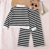 Black and White Striped Polo Collar Long-sleeved Women's Korean Version Short Long-sleeved Two-piece Set