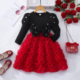Girl Xiaoxiangfeng Bow Waist Knitted Splicing Wave Mesh Princess Dress