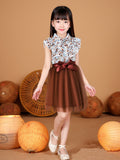 Kid Girls Long Sleeve Lapel Floral Mesh Dress