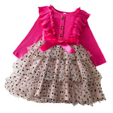 Kid Girls Long Sleeve Bow Princess Polka Dot Mesh Cake Dresses