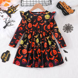 Halloween Kid Girl Long-sleeved Printed Casual Dresses