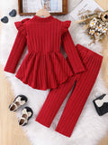 3-8Y Kid Girls Red Pit Strip Bow Fly-sleeved Suit 2 Pcs Set