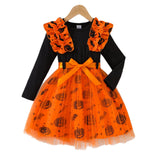 3-8Y Halloween Kid Girls Strip Pumpkin Bat Print Mesh Dresses