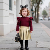 Children's Clothing Girls' Turtleneck Knitted Ribbed Long-sleeved Top Pleated Leather Skirt Two-piece Set