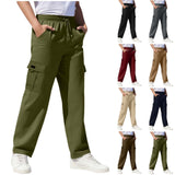Boys Straight Elastic Waist Loose Lace-up Casual Pants Fashion Solid Color Pocket Tooling Trousers