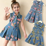 Kid Baby Girls Denim Floral Print Waist-cinched Lapel Vest Dress