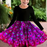 2-10T Kid Girls Sweet Long-sleeved Peacock Feather Print Fashion Dresses